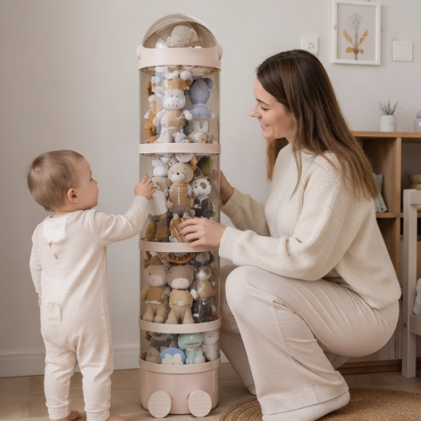 Tour rangement peluches rose avec bebe heureux 