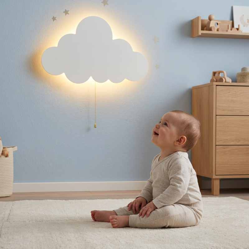 Veilleuse murale bébé un Bébé assis sur un tapis admirant la veilleuse nuage
