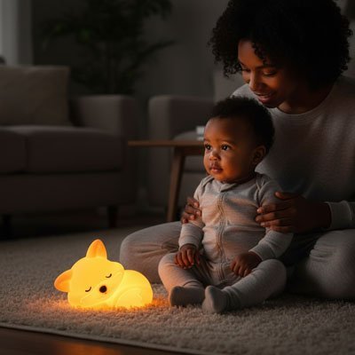 Veilleuse renard avec petit bebe cheveux  frise garçon 