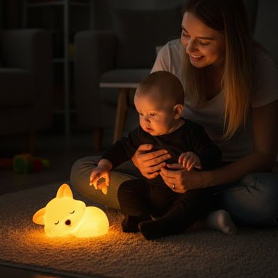 Veilleuse renard avec petit bebe garçon et sa maman qui le regarde 