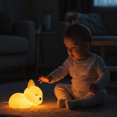 Veilleuse renard avec petit bebe garçon émerveillé