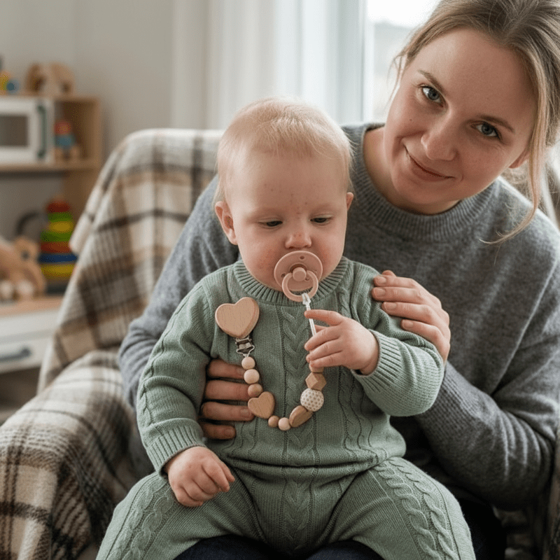 Attache tétine bébé tricot vert