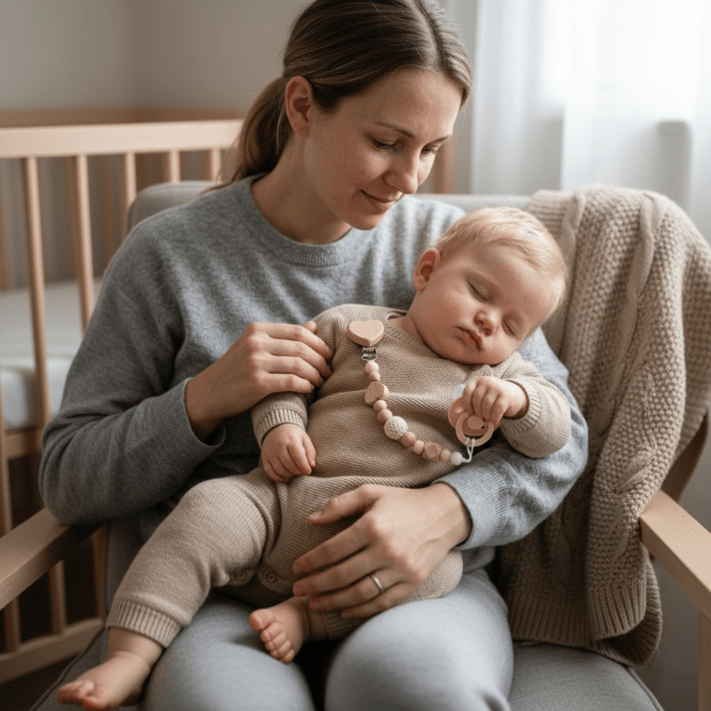 attache tetine en bois bébé dort maman 