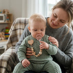  attache tetine en bois bebe assis sur maman 