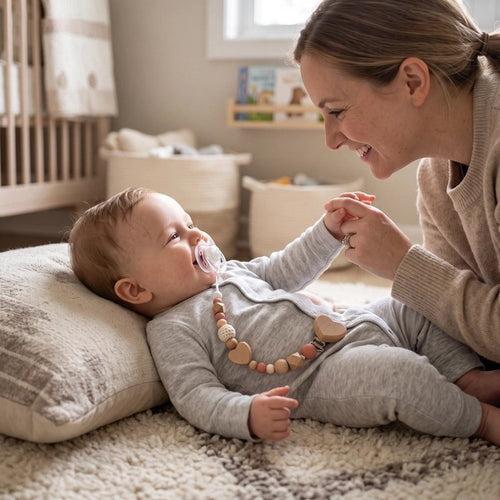  attache tetine en bois bebe avec maman qui sourit sur le dos maman tens sa main
