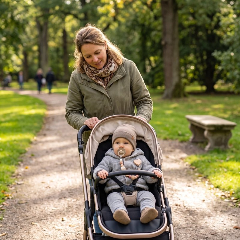 attache tetine en bois bebe dans la poussette et maman 