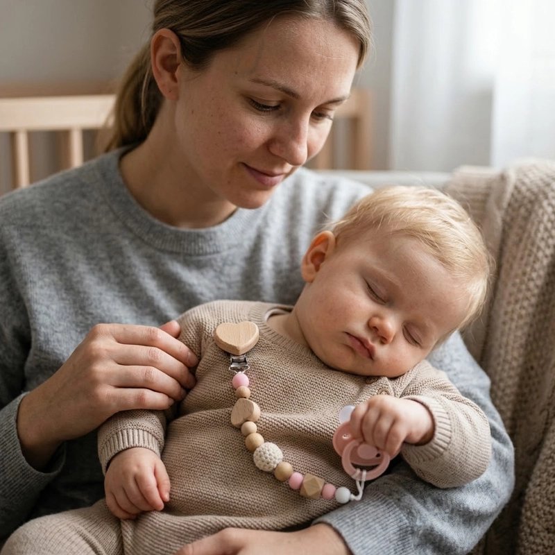 attache tetine en bois bebe dors sur sa maman 