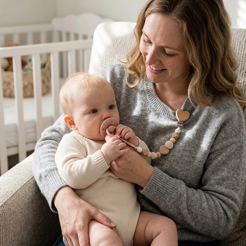  attache tetine en bois bebe scette rose 