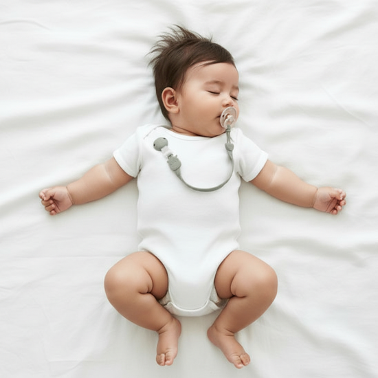 Attache Tetine Silicone beige jolie Bébé allongé avec attache-tétine beige