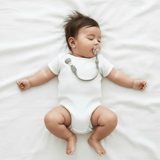 Attache Tetine Silicone beige jolie Bébé allongé avec attache-tétine beige