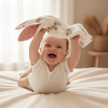 doudou lapin bebe et Bébé allongé riant doudou lapin