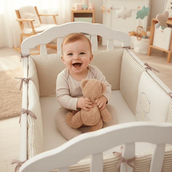 Contour de Lit Bébé assis et joyeux avec contour de lit beige et vert menthe