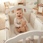 Contour de Lit Bébé assis et joyeux avec contour de lit beige et vert menthe