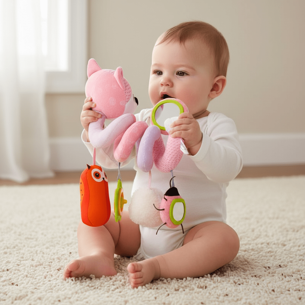 Hochet Bébé Musical Tornado - Peluche Sensorielle Bébé assis explorant le hochet