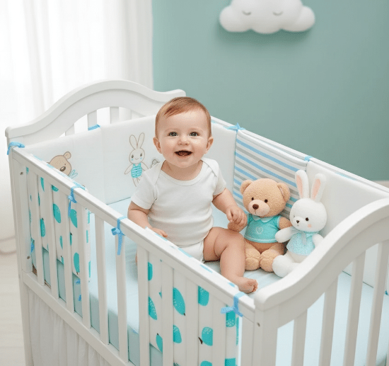contour lit de bebe Bébé assis souriant avec literie ourson et lapin turquoise