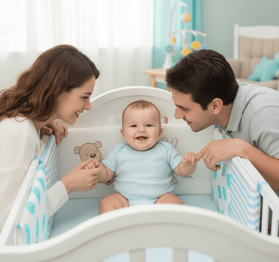 Contour lit de bebe Bébé assis souriant avec maman et papa – literie ourson et lapin turquoise