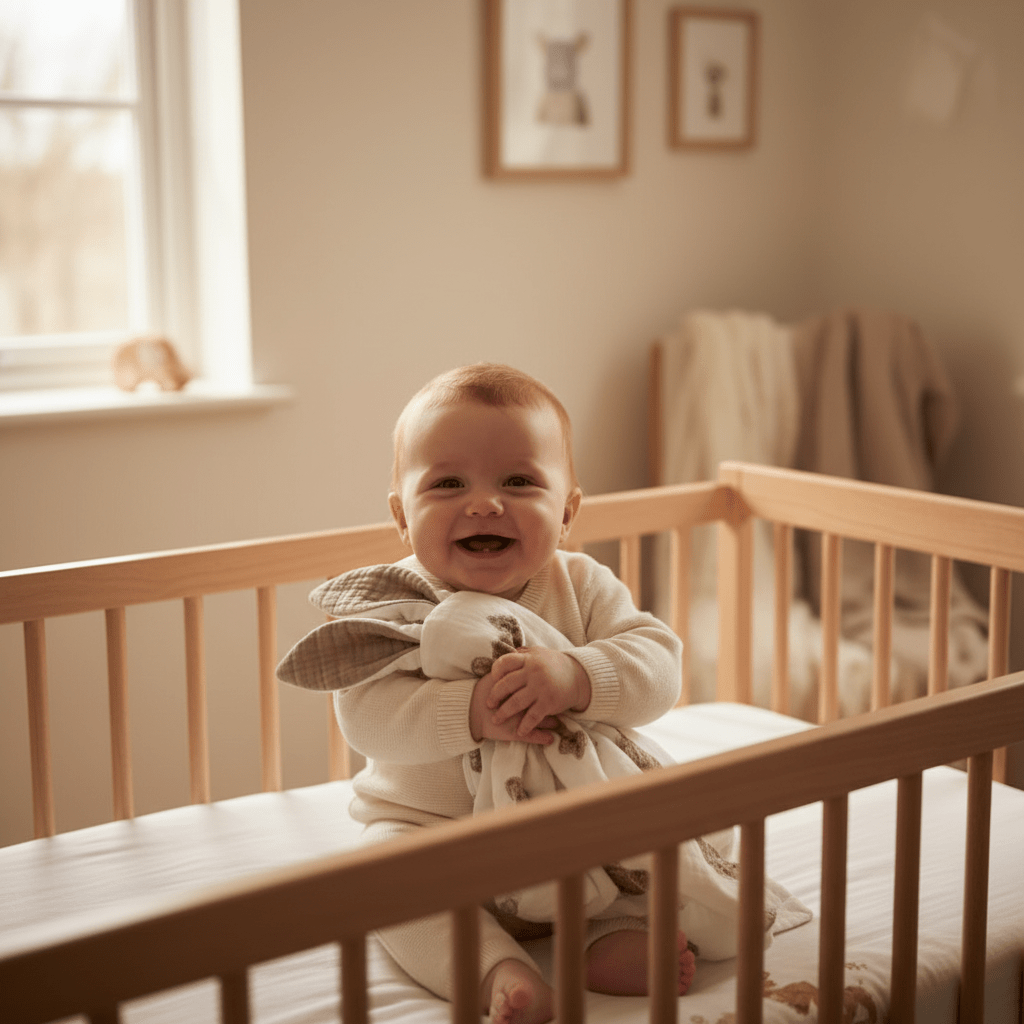 doudou lapin bebe et Bébé assis souriant doudou lapin
