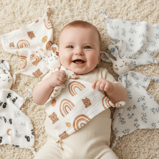  Doudou Bébé Câlin Nuit Sereine - Peluche Lapin Motifs
Bébé au sol avec les doudous