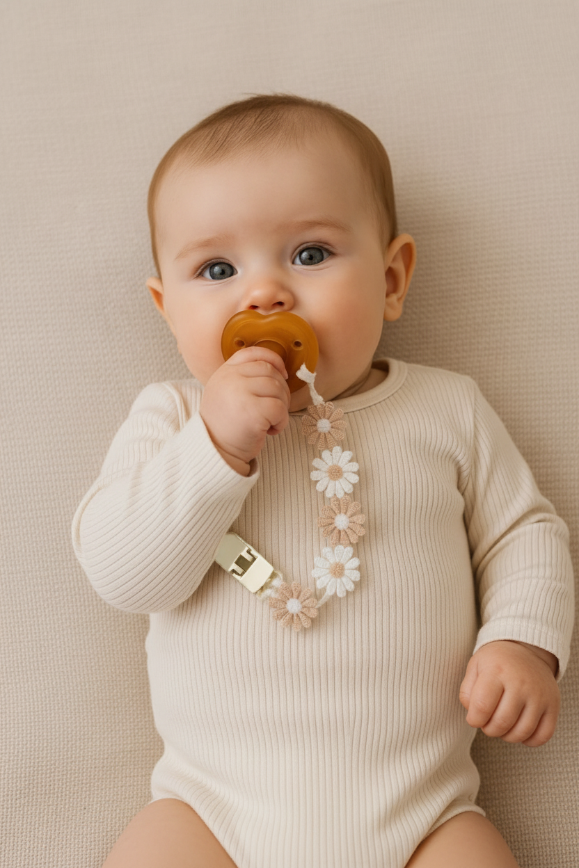 Bébé avec attache-sucette marguerites