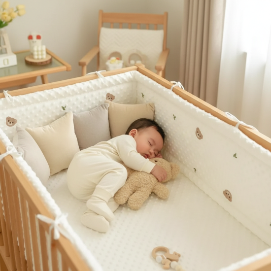 Tour de lit complet pour bebe avec un  Bébé avec doudou et coussins