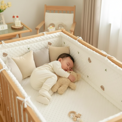 Tour de lit complet pour bebe avec un  Bébé avec doudou et coussins