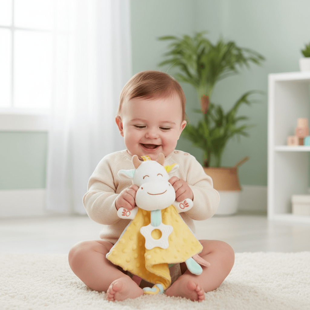 Bébé avec doudou vache jaune