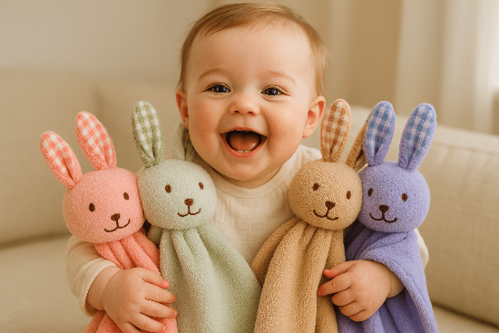  Doudou Bébé Fille Souvenirs Tendresse - Peluche Colorée
Bébé avec doudous lapins colorés