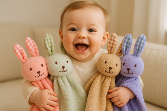 Bébé avec doudous lapins colorés