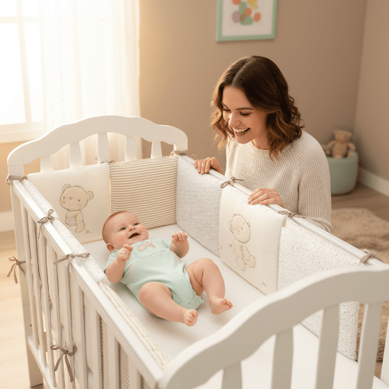 Contour de Lit Bébé avec maman et contour de lit beige et vert menthe