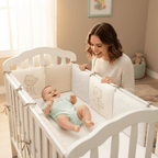 Contour de Lit Bébé avec maman et contour de lit beige et vert menthe