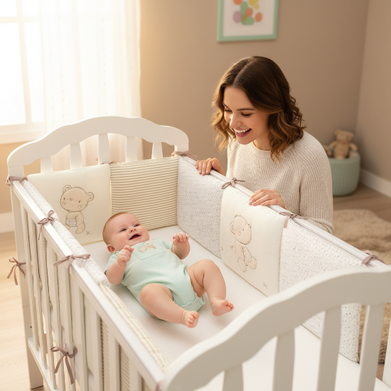 Contour de Lit Bébé avec maman et contour de lit beige et vert menthe