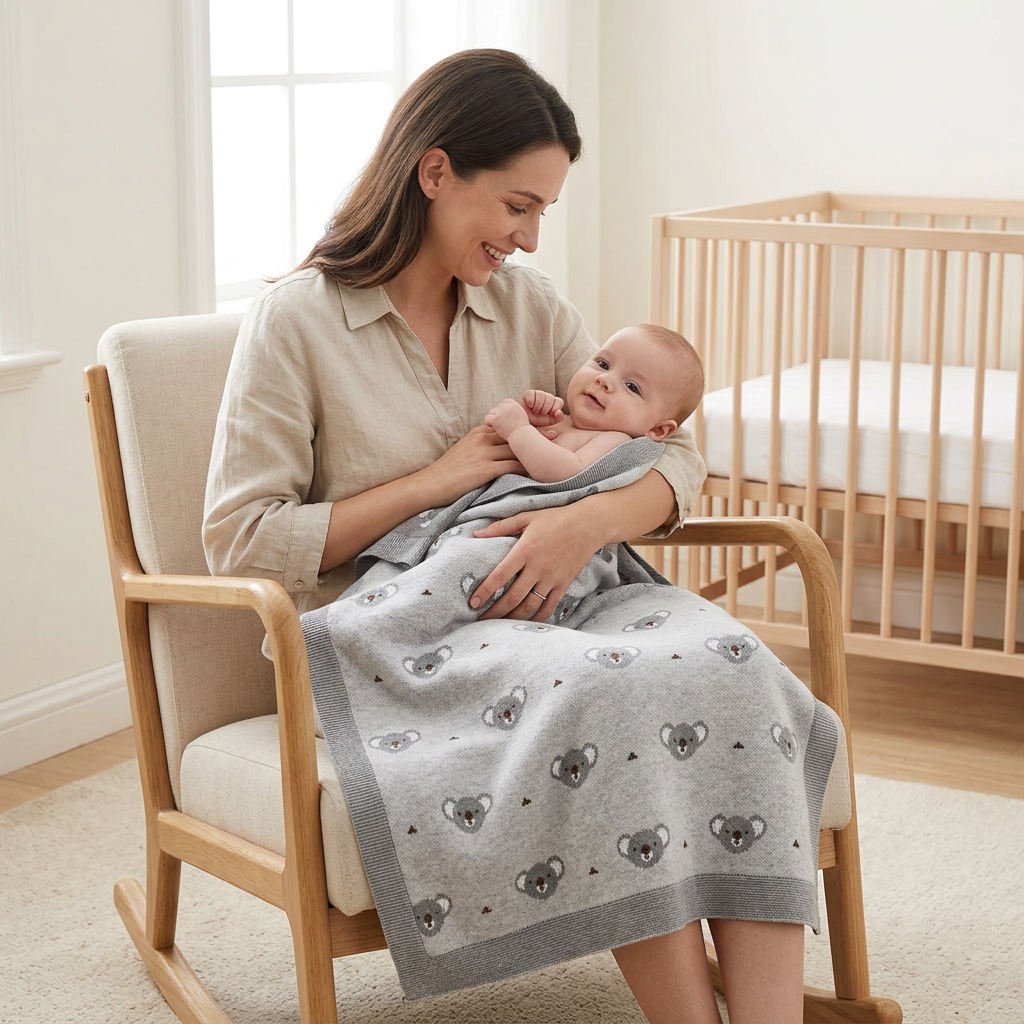 Bébé avec maman et couverture grise à koalas