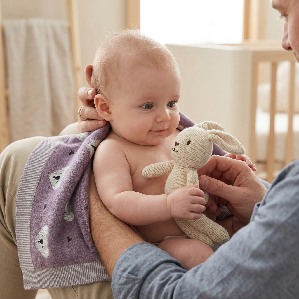 Bébé avec un doudou lapin et la couverture mauve