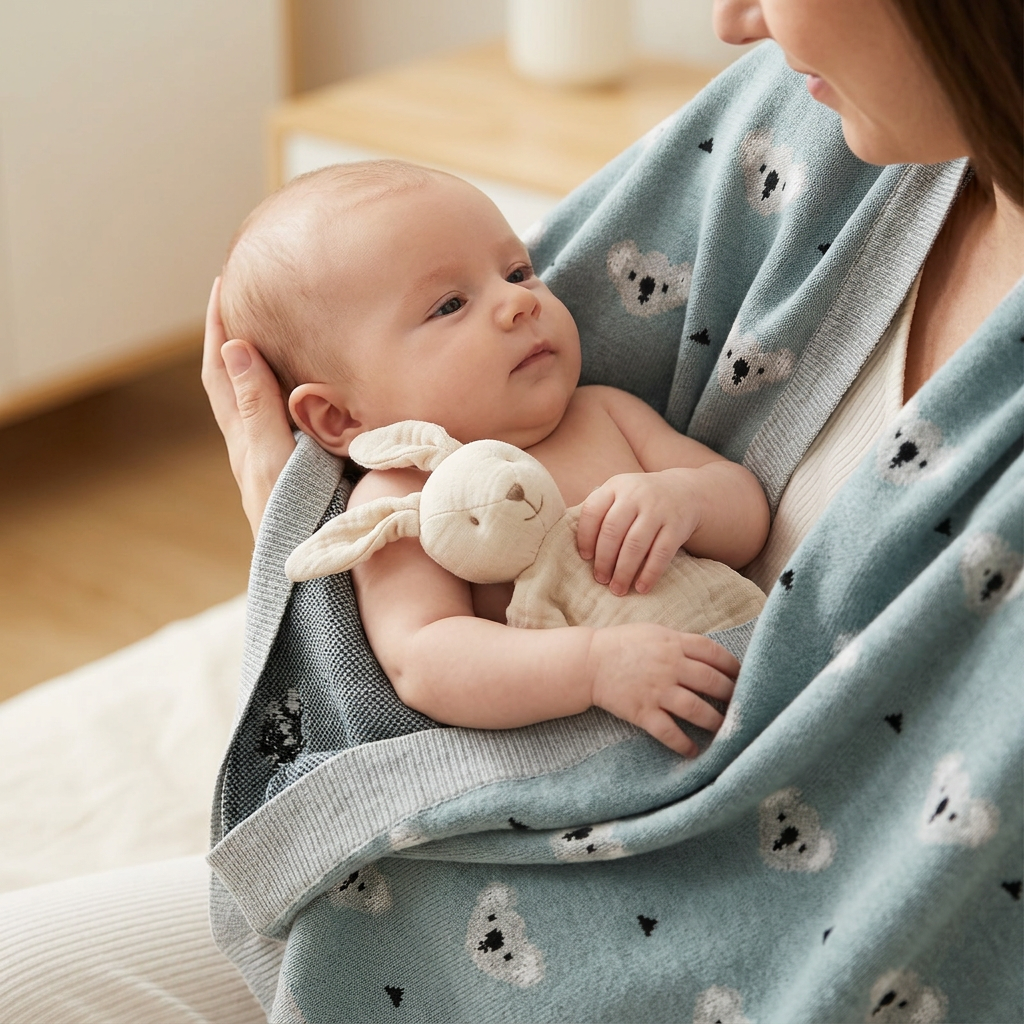Bébé avec un doudou lapin et la couverture vert bleuté