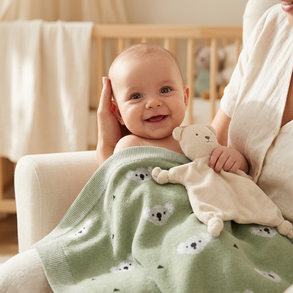 Bébé avec un doudou ourson et la couverture vert sauge