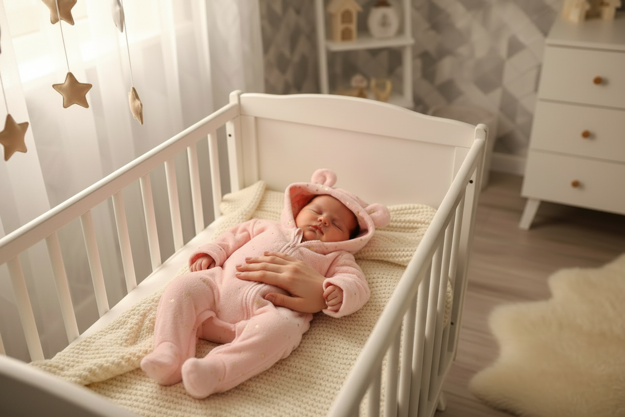 combinaison ourson en roses Bébé berceau blanc main maman mobile étoiles