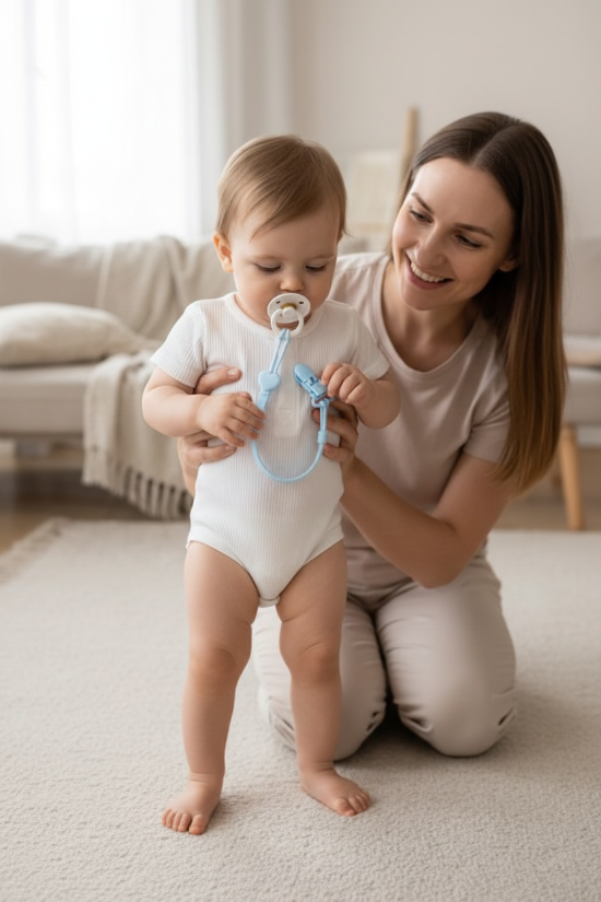 clip sucette
Bébé body blanc attache bleue