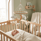 mobile en bois bebe et Bébé curieux mobile lune étoiles chambre verte