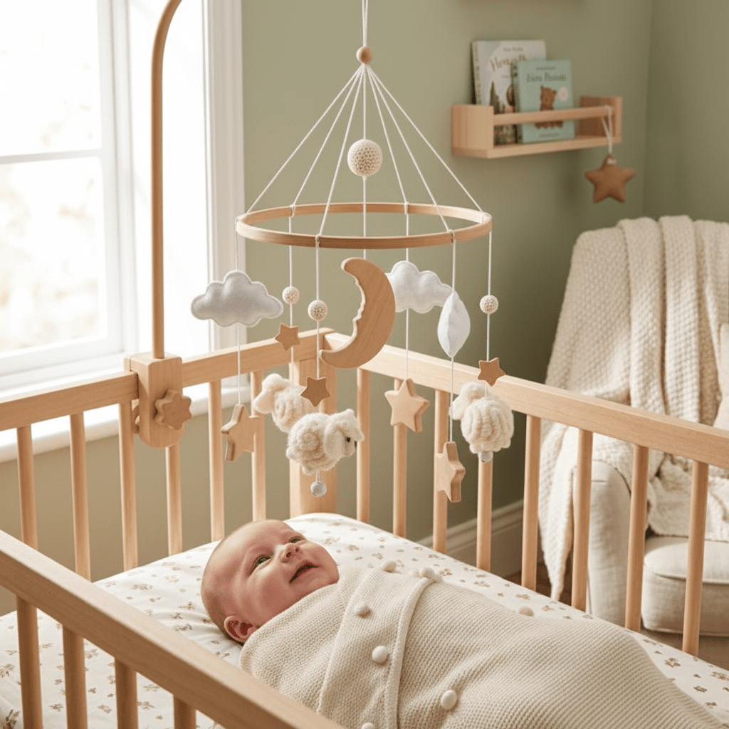 mobile en bois bebe et Bébé curieux mobile lune étoiles chambre verte