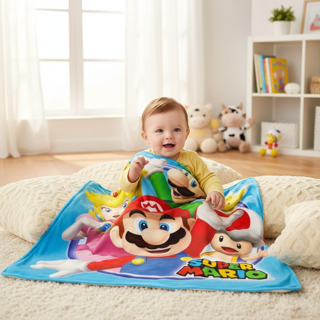 couverture Bébé le Bébé dans coussins au sol avec couverture Super Mario