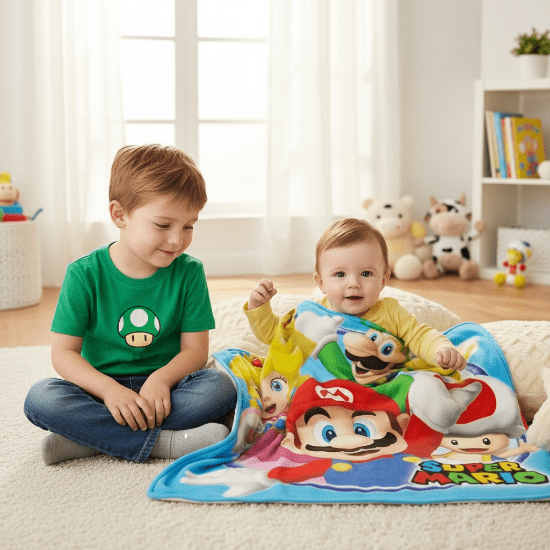 couverture Bébé dans coussins avec grand frère qui regarde