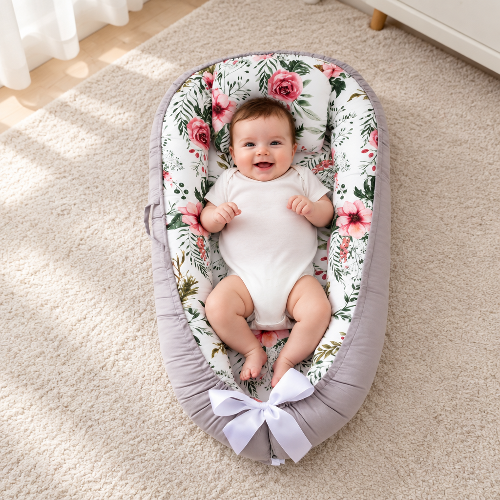 Bébé dans le nid gris à motifs fleuris, vue de trois quarts