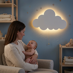 Bébé dans les bras de maman admirant la veilleuse nuage