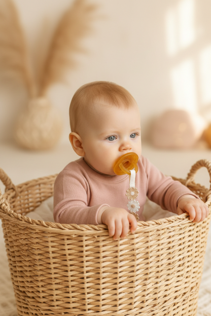 attache sucette bebe
et Bébé dans panier avec attache-sucette marguerites