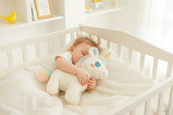 licornes peluches et Bébé dormant câlinant licorne peluche arc-en-ciel