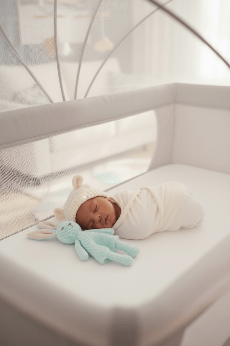 cododo lit Bébé dort avec bonnet et doudou vue bas
