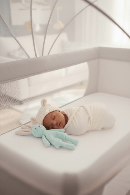 cododo lit Bébé dort avec bonnet et doudou vue bas