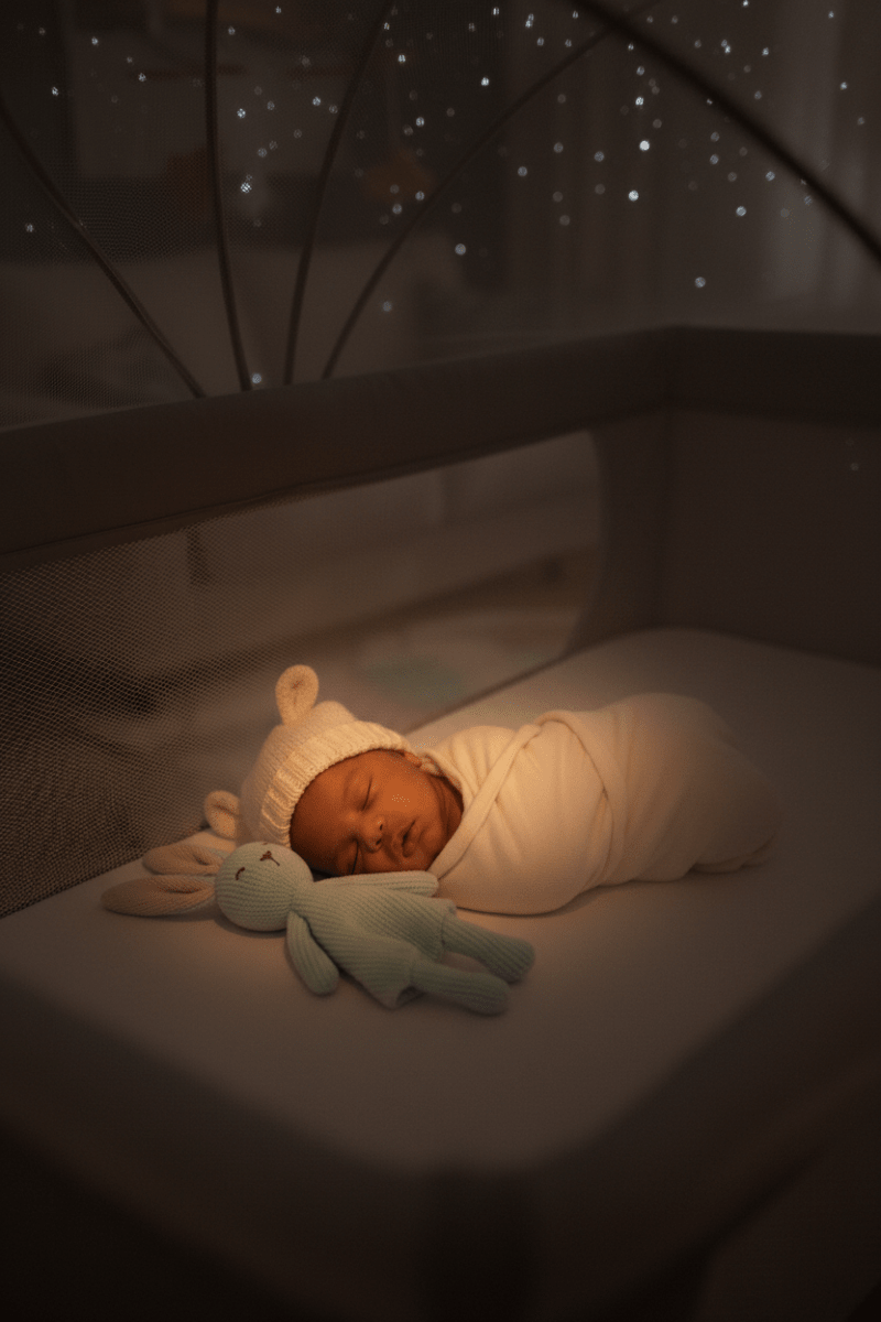 cododo lit Bébé dort avec ourson ambiance soir vue bas 