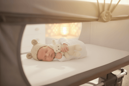cododo lit et Bébé dort avec ourson ambiance soir vue côté