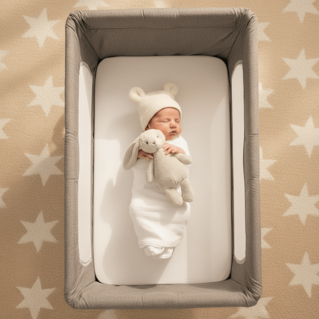 cododo lit et Bébé dort avec ourson ambiance soir vue top